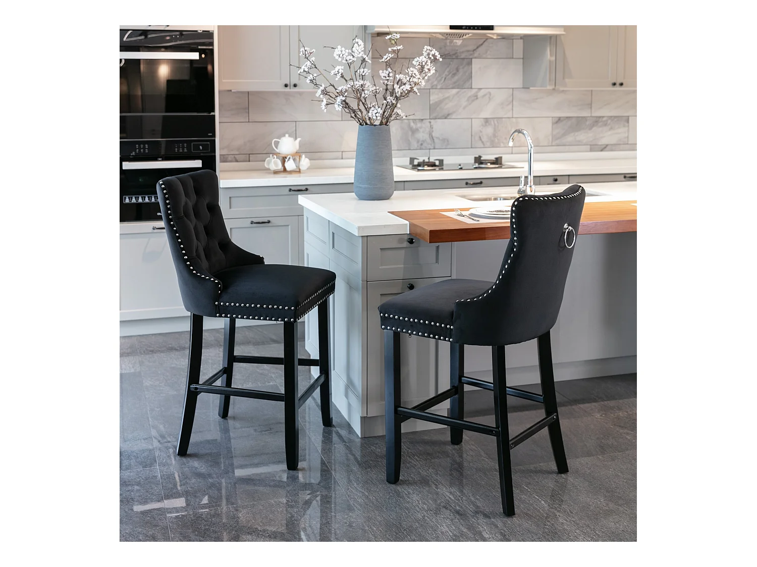 2er-Set Barhocker – Barhocker mit gepolsterter Rückenlehne und Knopfheftung – Schwarzer Samt