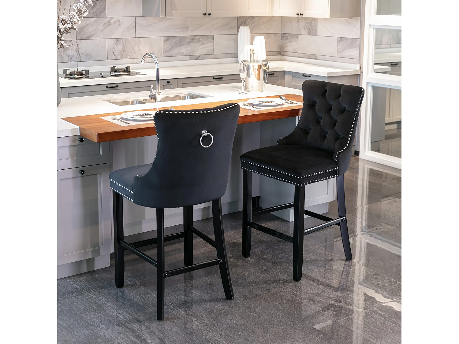 2er-Set Barhocker – Barhocker mit gepolsterter Rückenlehne und Knopfheftung – Schwarzer Samt