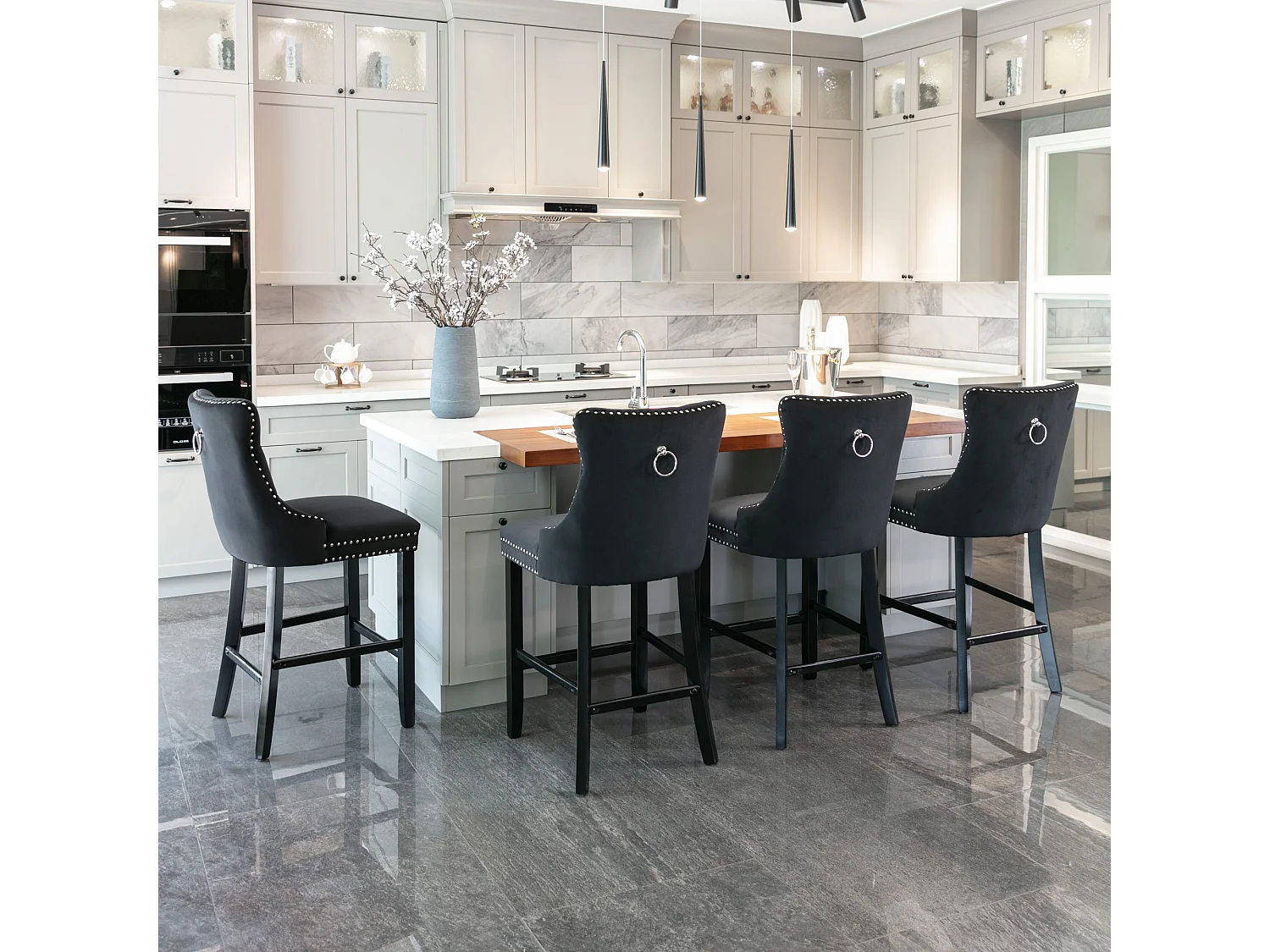 2er-Set Barhocker – Barhocker mit gepolsterter Rückenlehne und Knopfheftung – Schwarzer Samt