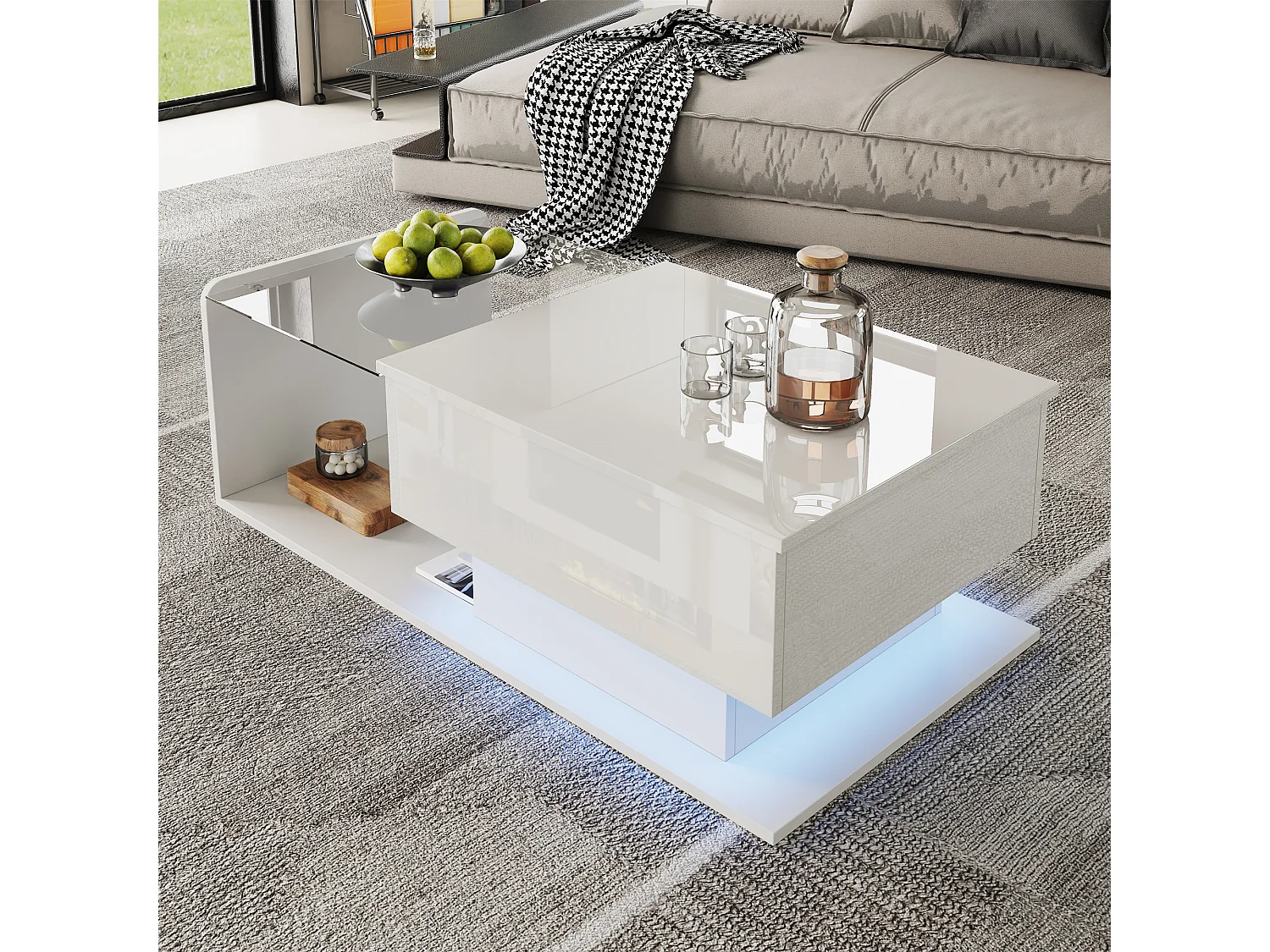 Mesa de centro branca brilhante - Mesa de centro com iluminação LED e tampo em vidro - Tampo ajustável