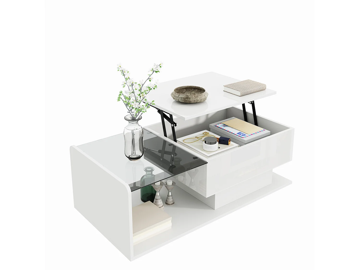 Mesa de centro branca brilhante - Mesa de centro com iluminação LED e tampo em vidro - Tampo ajustável