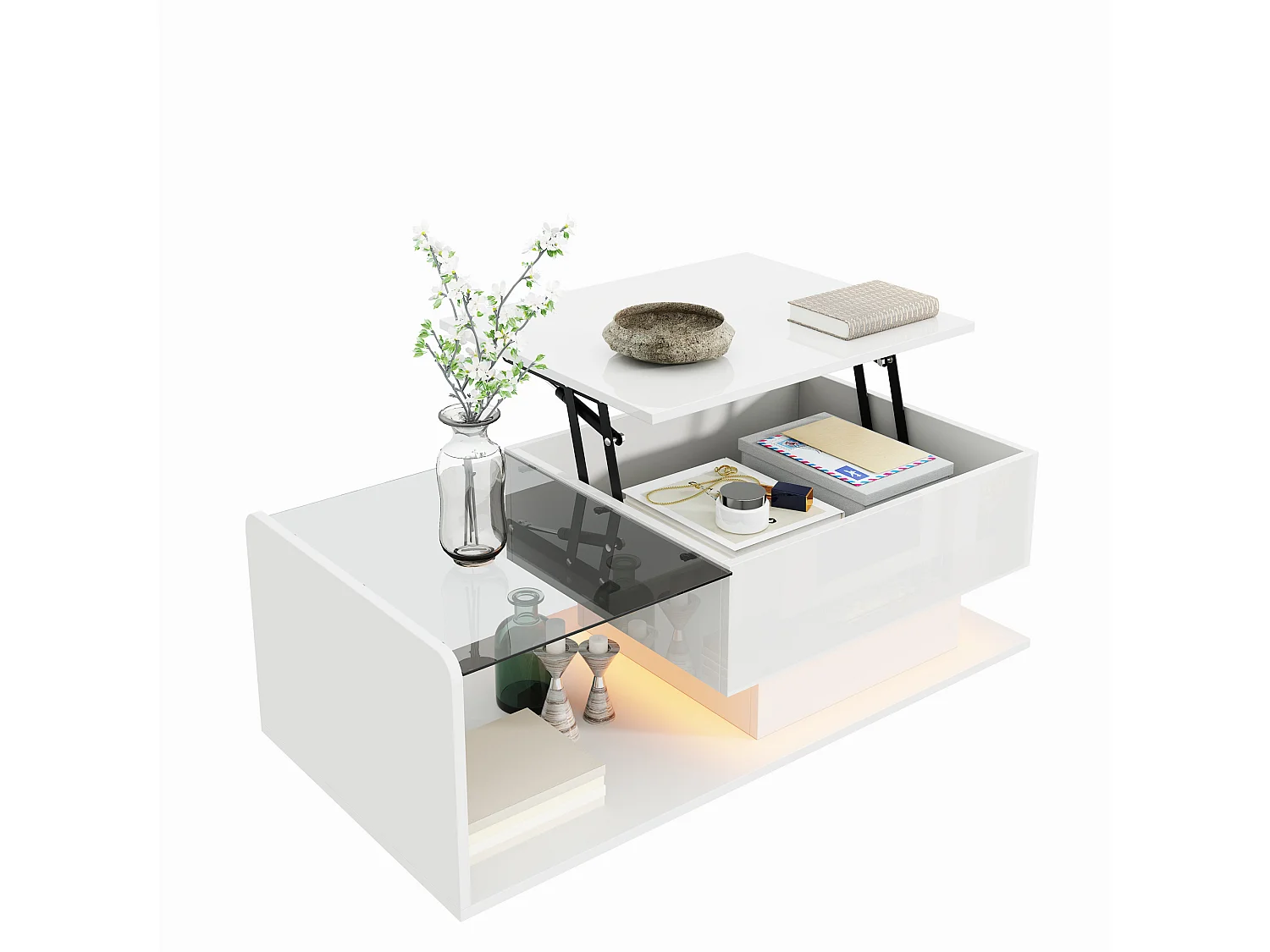 Mesa de centro branca brilhante - Mesa de centro com iluminação LED e tampo em vidro - Tampo ajustável