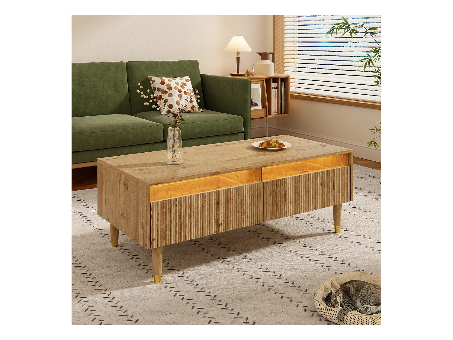Table basse rectangulaire bois - Table basse avec deux tiroirs et LED - pour le salon