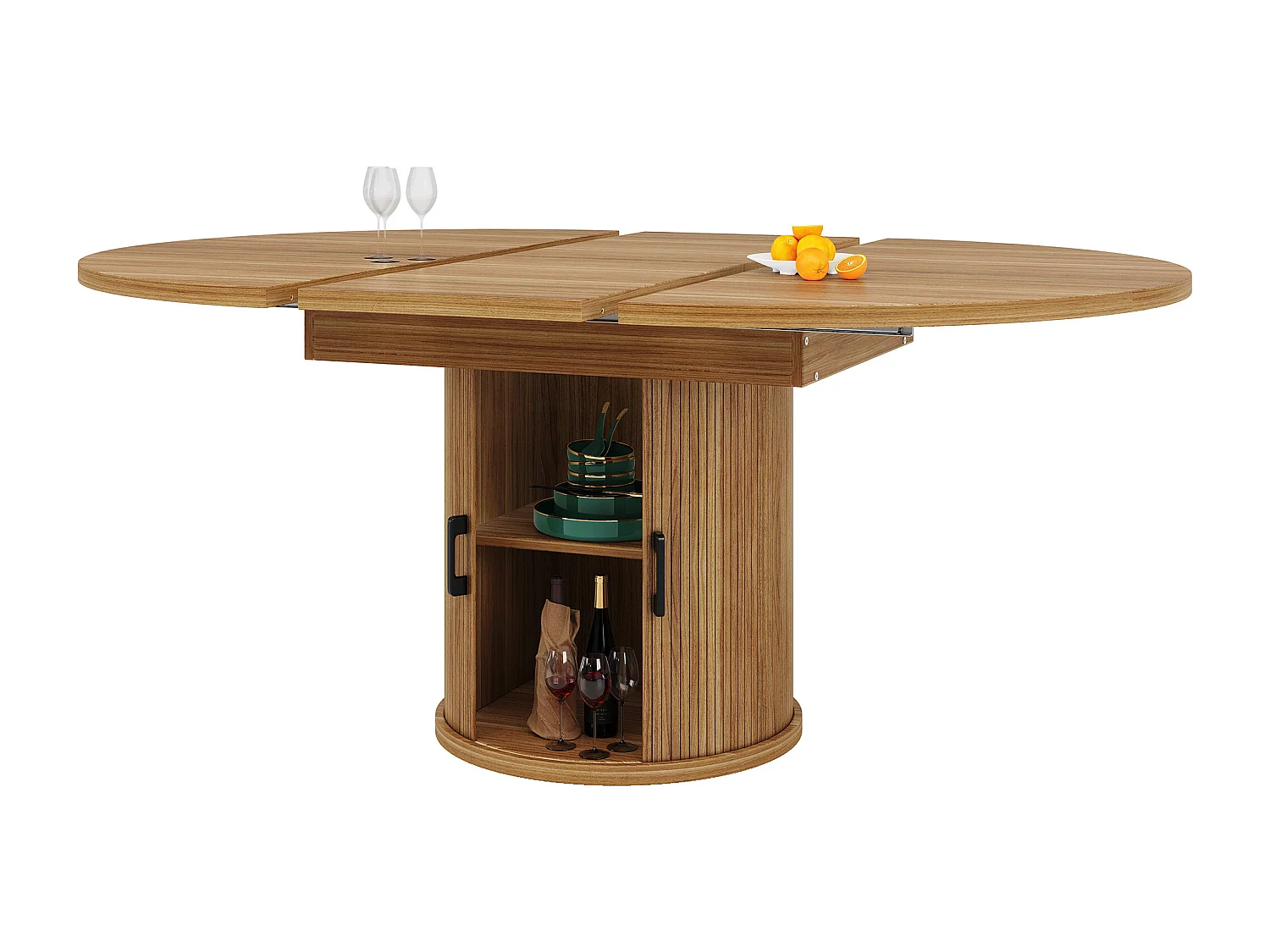 Table à manger ronde extensible - Table extensible avec 2 portes et 6 pieds réglables - noyer - pour salle à manger et salon