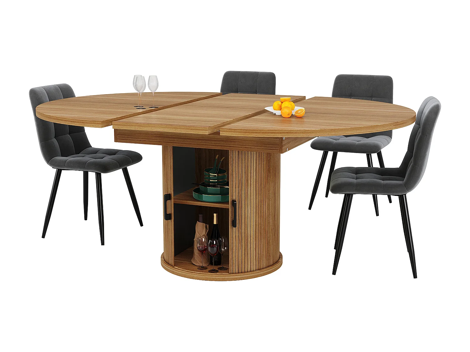 Table à manger ronde extensible - Table extensible avec 2 portes et 6 pieds réglables - noyer - pour salle à manger et salon