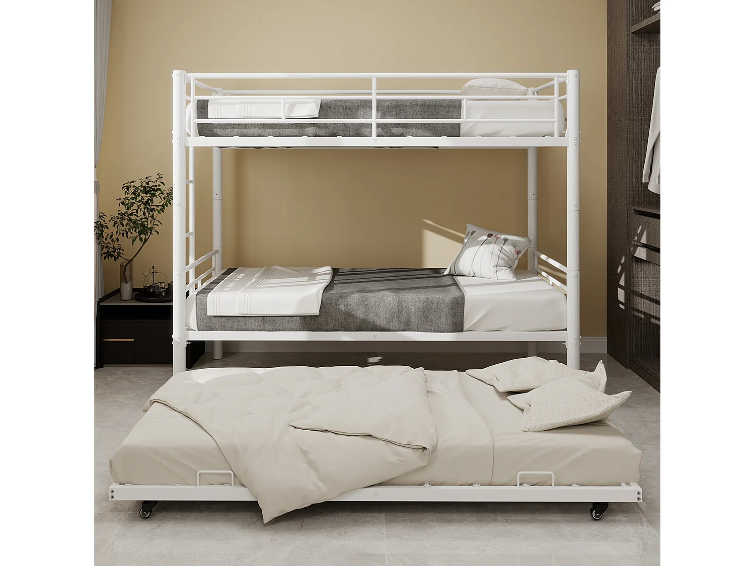 Lit superposé 90 x 190 cm - Lit enfant avec échelle et barrières - avec un lit gigogne de 90 x 190 cm - métal blanc - sans matelas