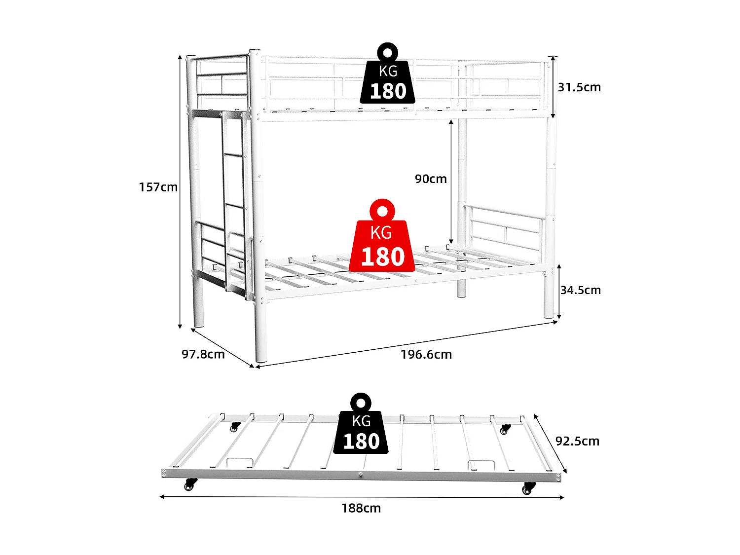 Lit superposé 90 x 190 cm - Lit enfant avec échelle et barrières - avec un lit gigogne de 90 x 190 cm - métal blanc - sans matelas