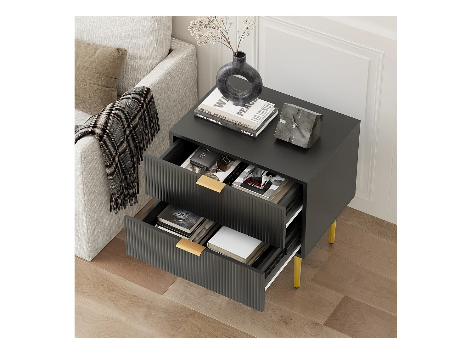 Table de chevet noir - Table de chevet avec 2 tiroirs et pieds en métal - pour chambre