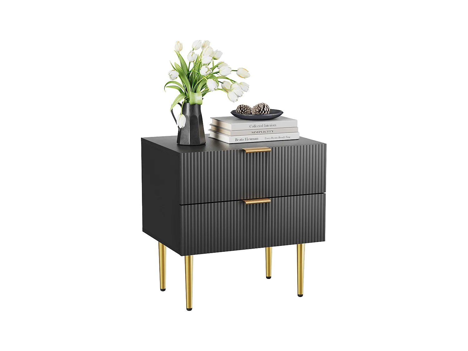 Table de chevet noir - Table de chevet avec 2 tiroirs et pieds en métal - pour chambre