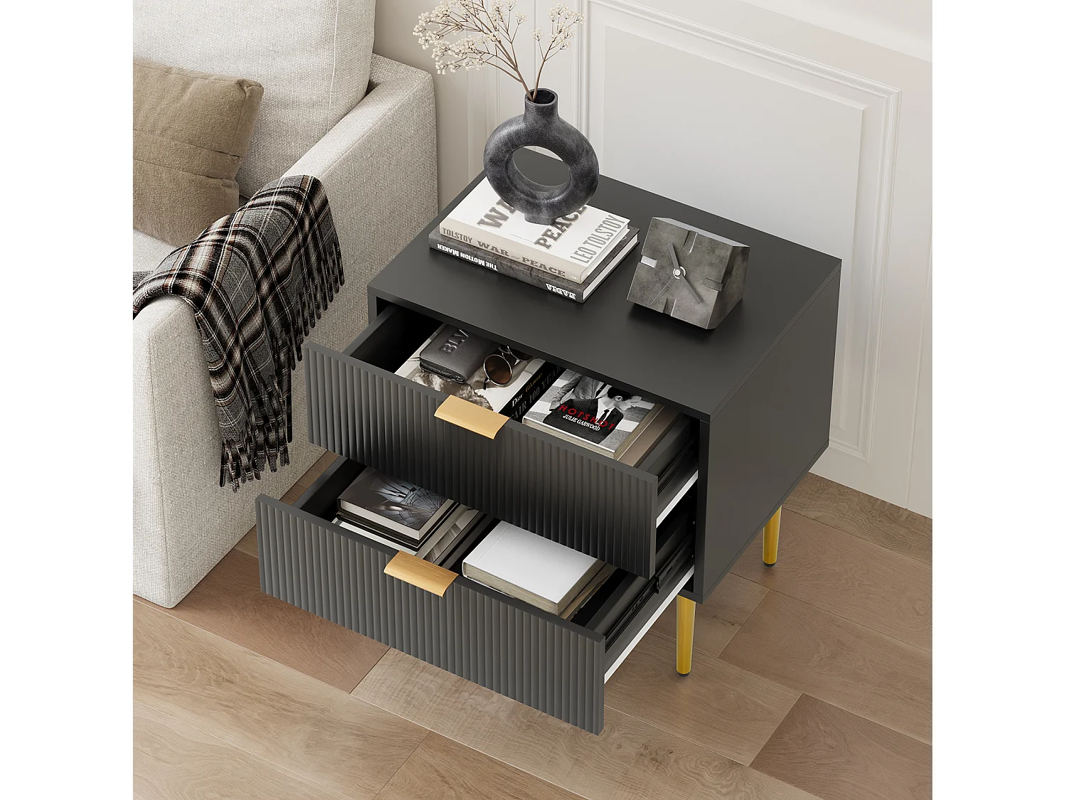 Table de chevet noir - Table de chevet avec 2 tiroirs et pieds en métal - pour chambre