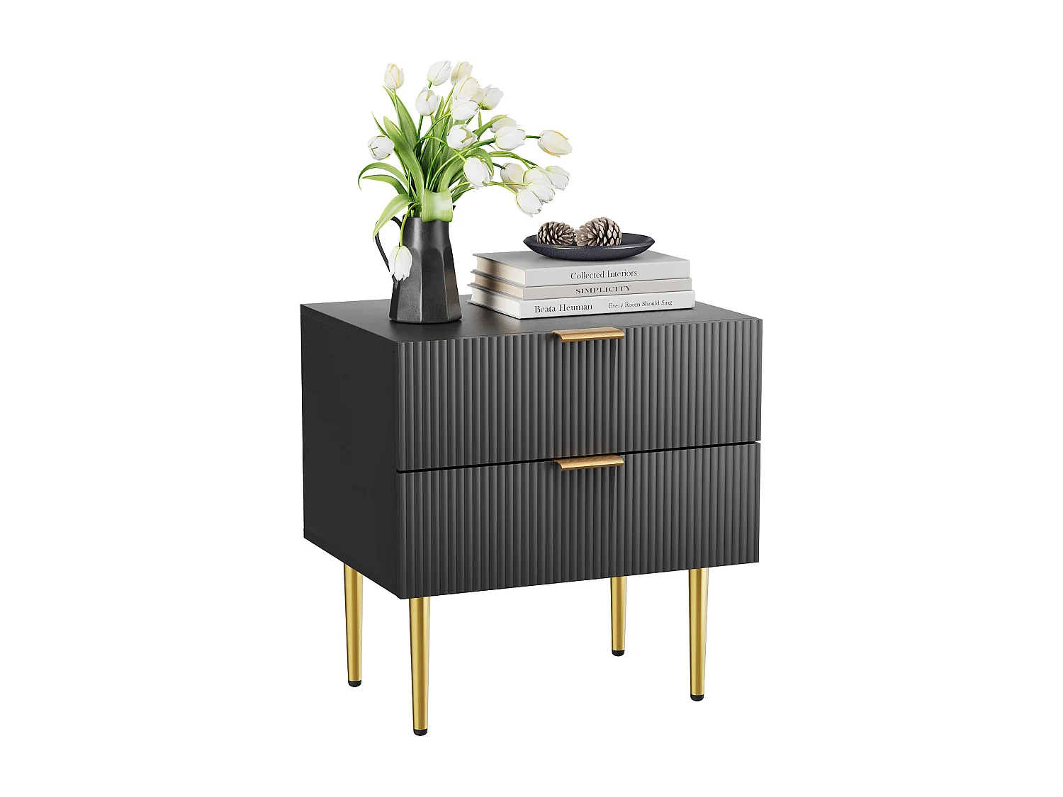 Table de chevet noir - Table de chevet avec 2 tiroirs et pieds en métal - pour chambre