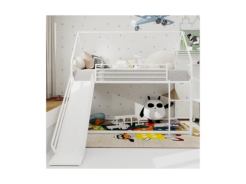 Łóżko piętrowe 90 x 190 cm - łóżko dziecięce z drabinką i zjeżdżalnią - biały metal - bez materaca