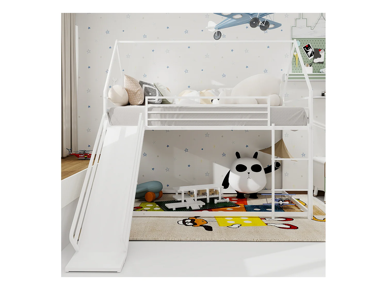 Lit superposé 90 x 190 cm - Lit enfant avec échelle et toboggan - métal blanc - sans matelas