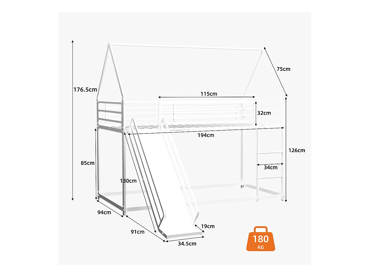 Lit superposé 90 x 190 cm - Lit enfant avec échelle et toboggan - métal blanc - sans matelas