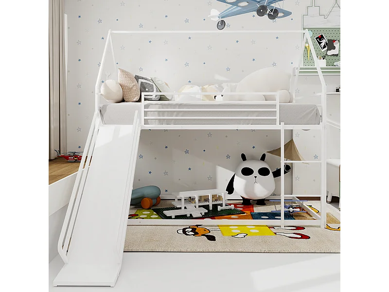 Letto a castello 2 x 90 x 190 cm - Letto per bambini con scaletta e scivolo - metallo bianco - senza materasso