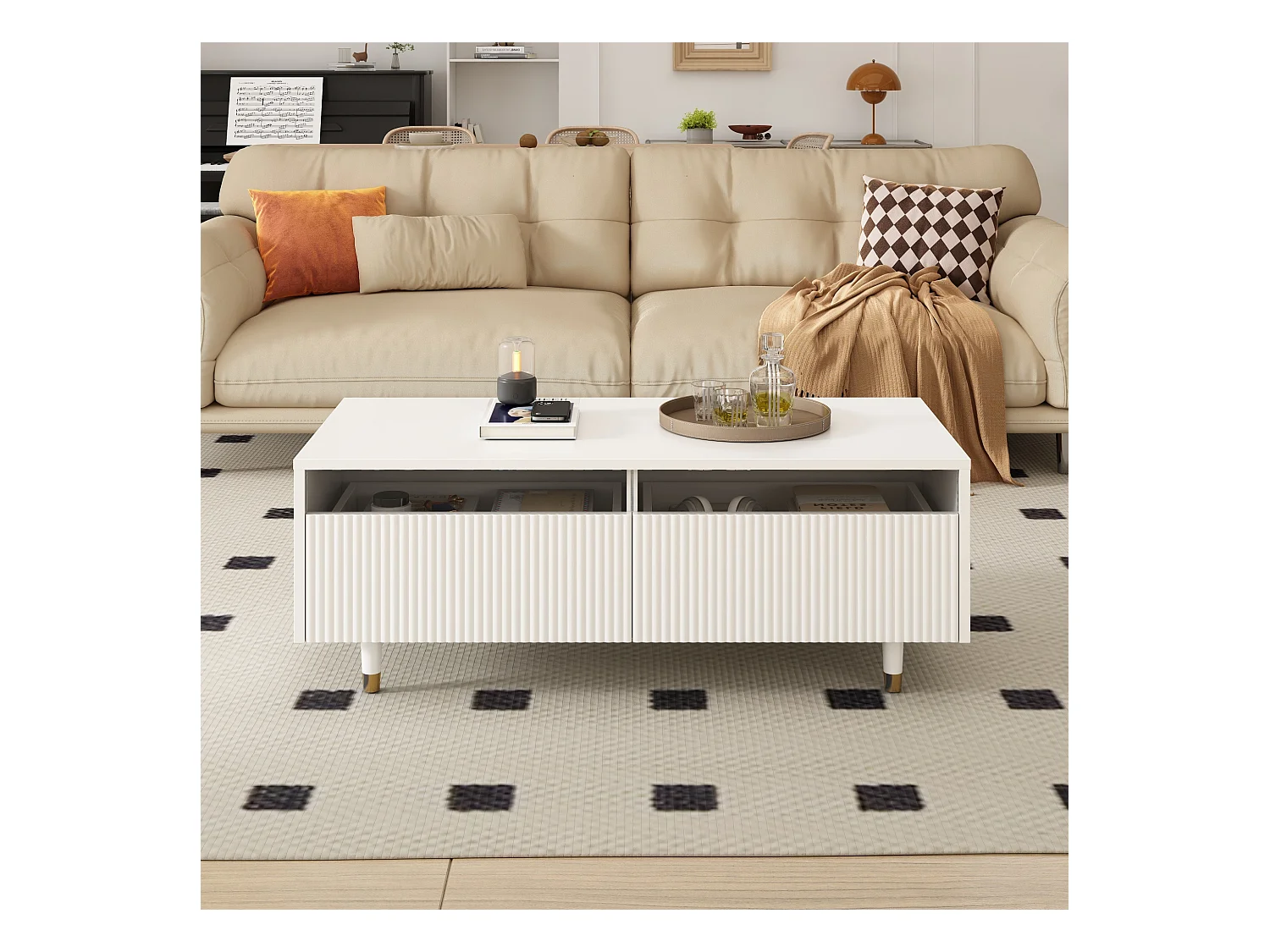 Table basse rectangulaire blanc - Table basse avec deux tiroirs et LED - pour le salon