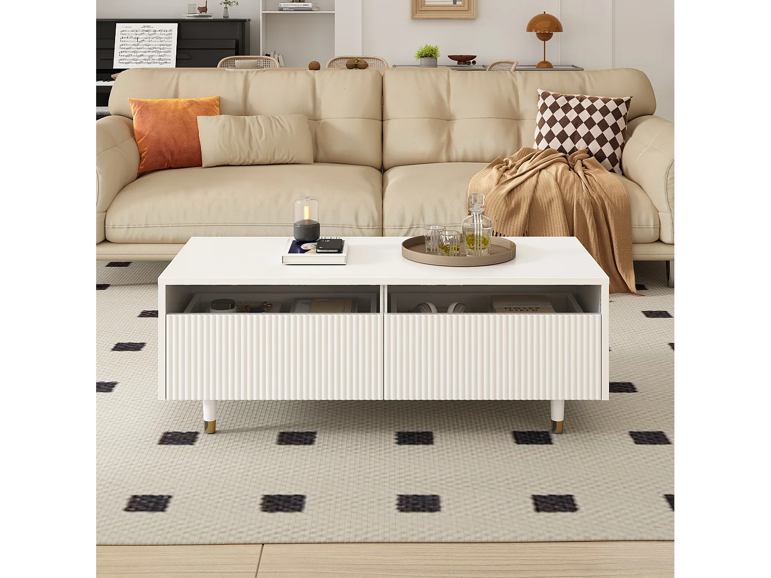 Table basse rectangulaire blanc - Table basse avec deux tiroirs et LED - pour le salon