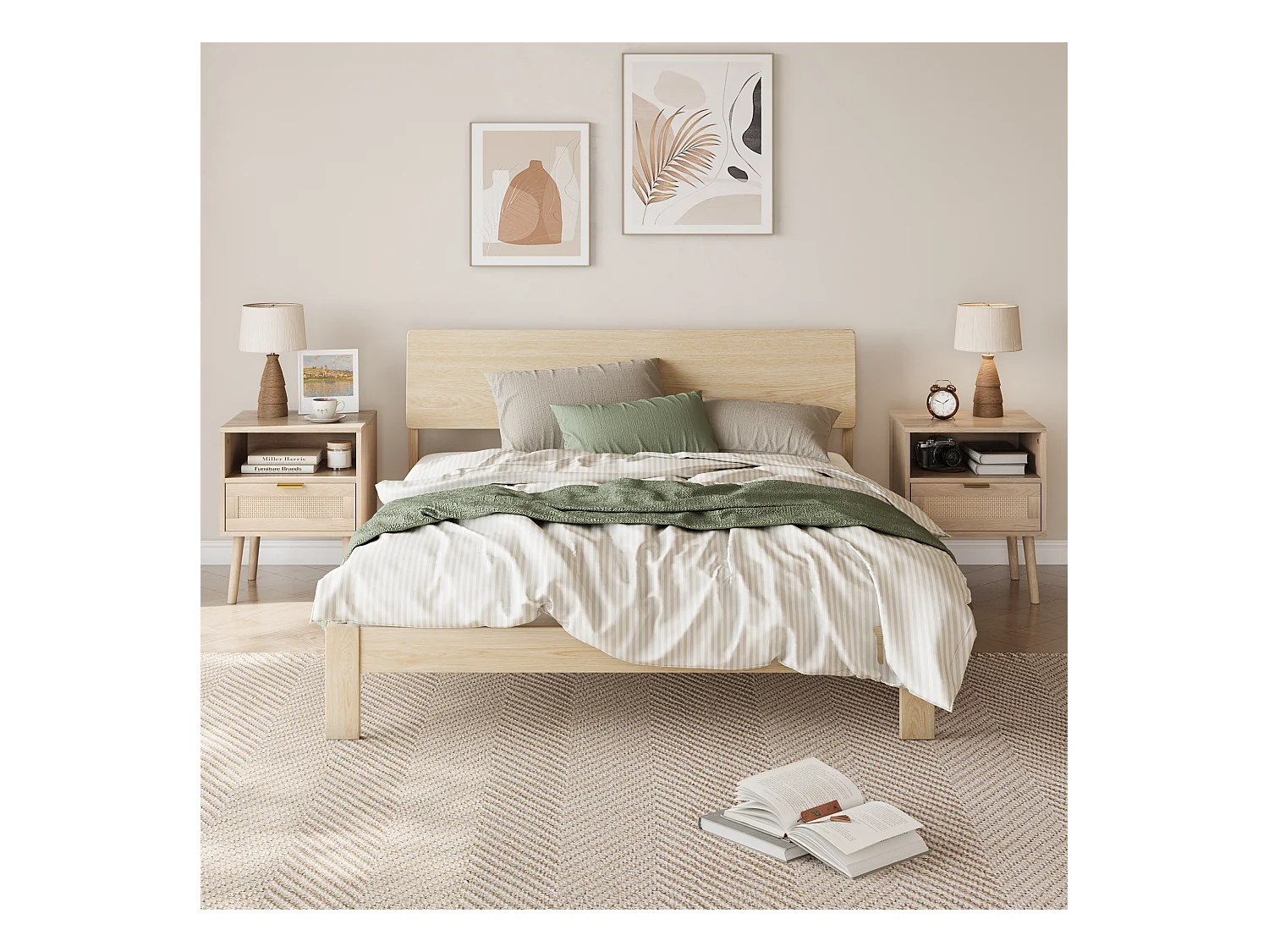 Table de chevet à 1 tiroir - Table de chevet avec étagères ouvertes et poignées dorées - bois