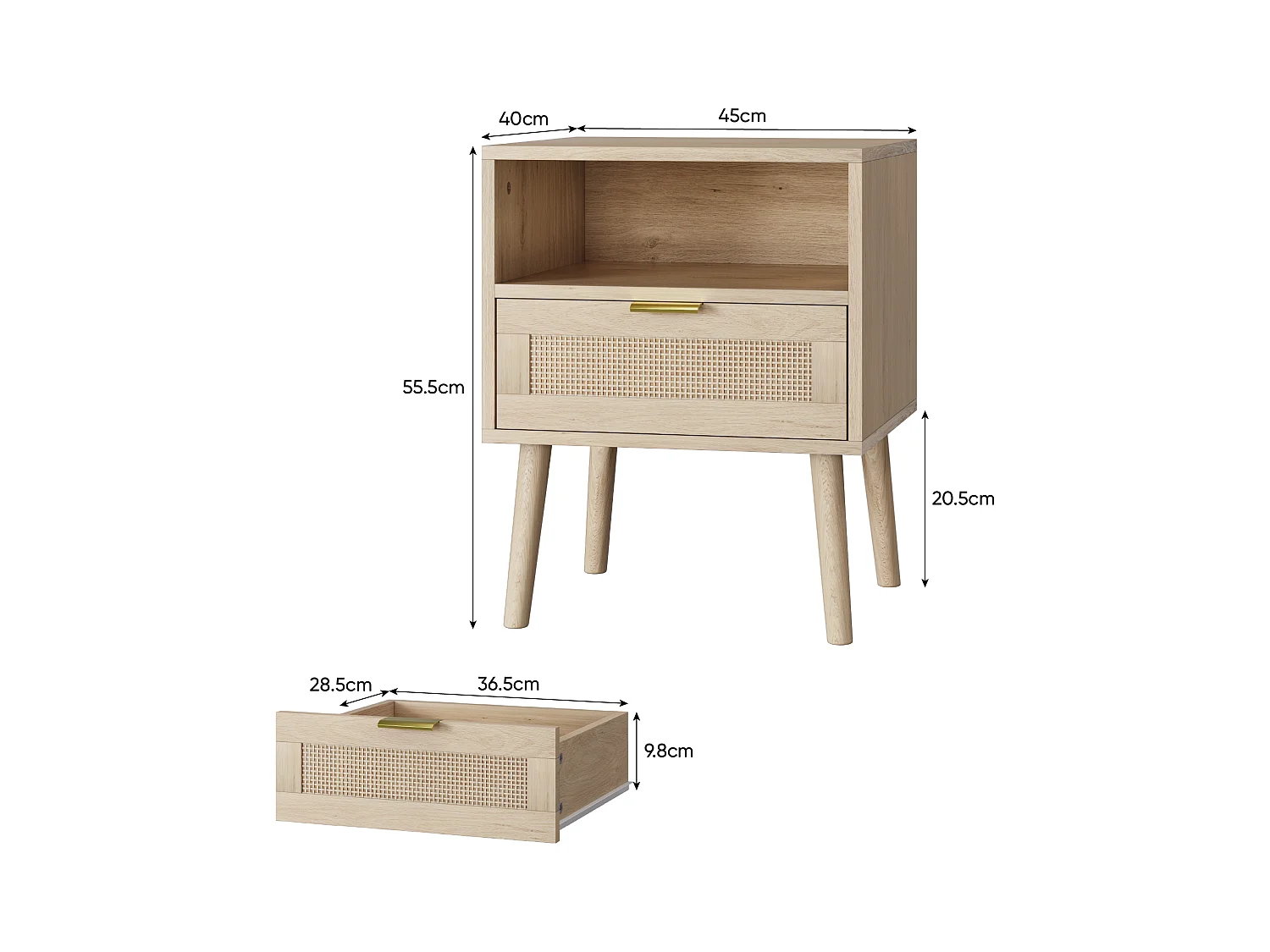Table de chevet à 1 tiroir - Table de chevet avec étagères ouvertes et poignées dorées - bois