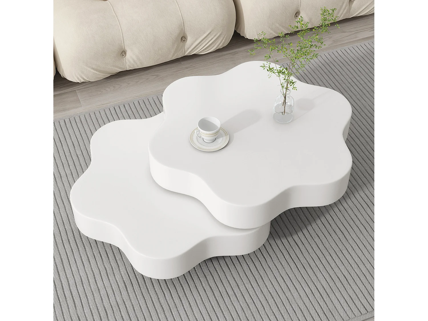 Table basse en forme de fleur - Table basse avec deux étagères et plateau pivotant - MDF blanc - pour salon