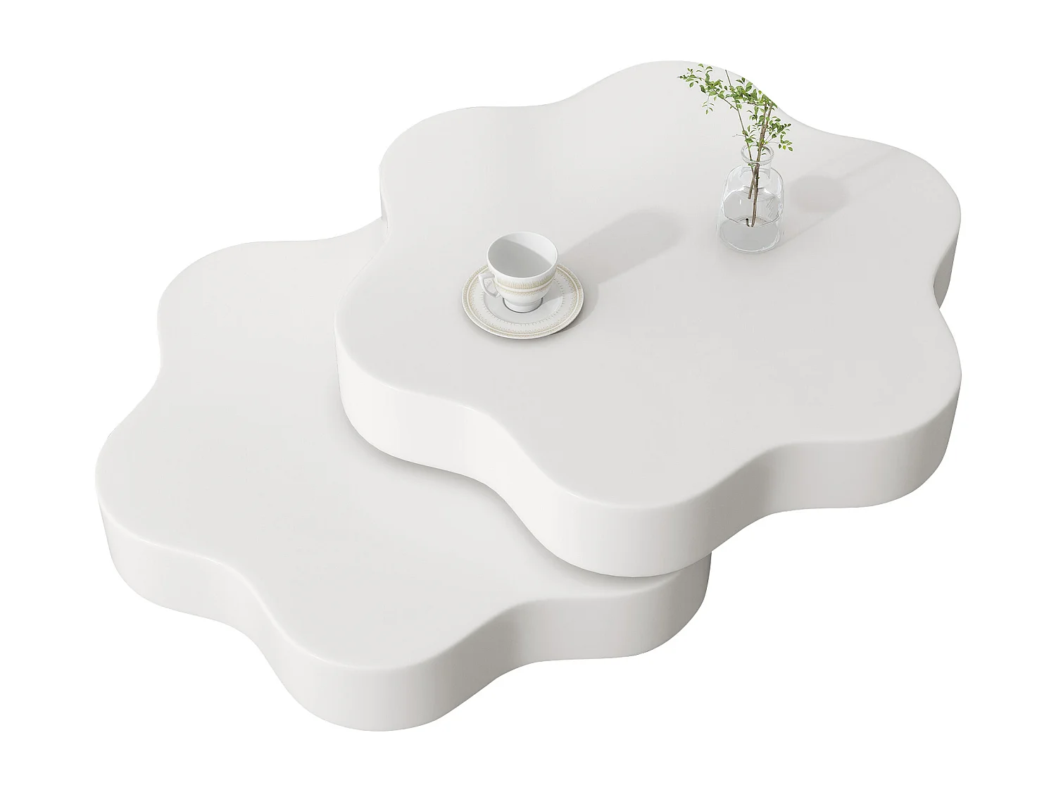 Table basse en forme de fleur - Table basse avec deux étagères et plateau pivotant - MDF blanc - pour salon