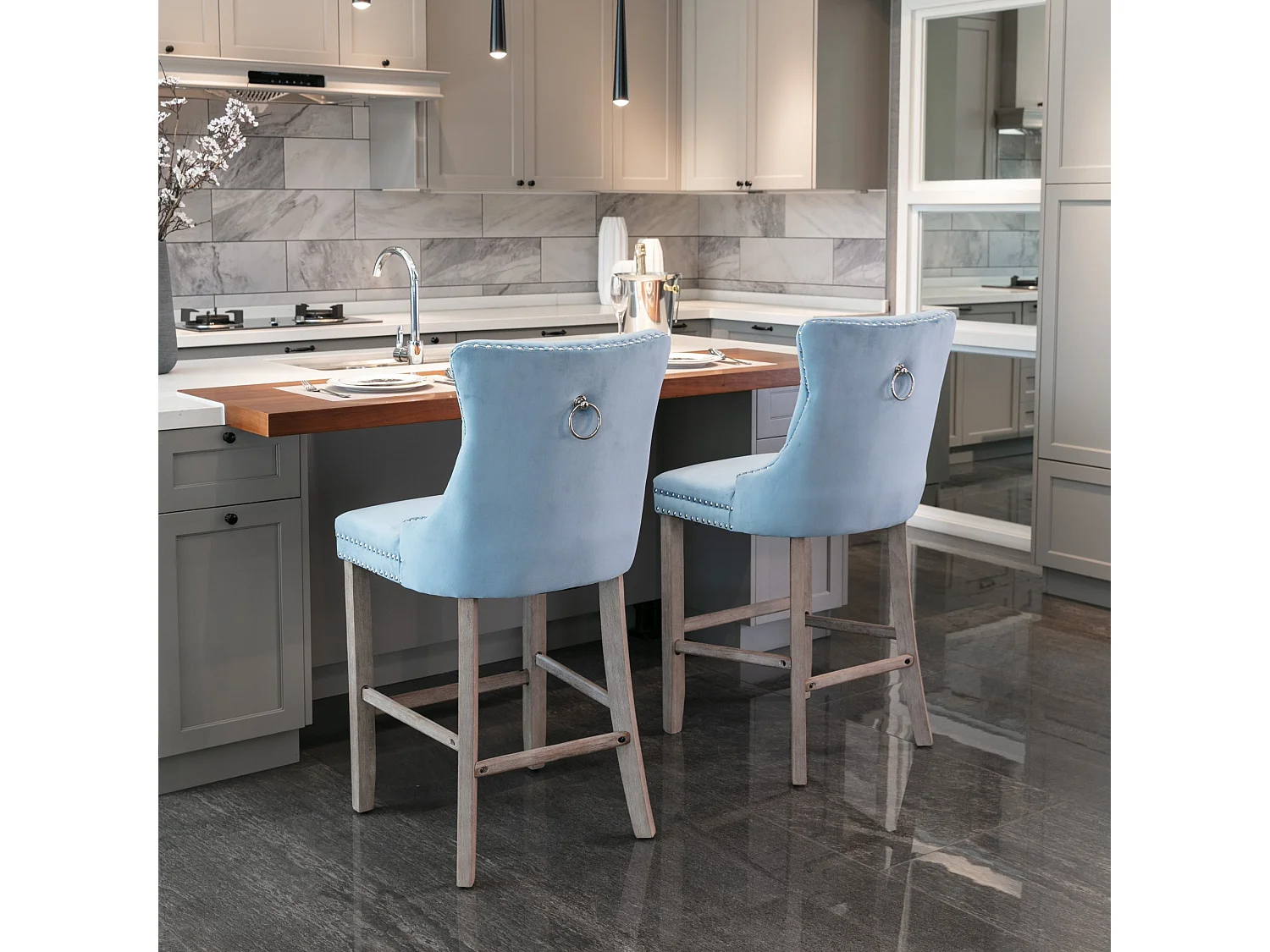 2er-Set Barhocker – Barhocker mit gepolsterter Rückenlehne und Knopfheftung – Hellblauer Samt