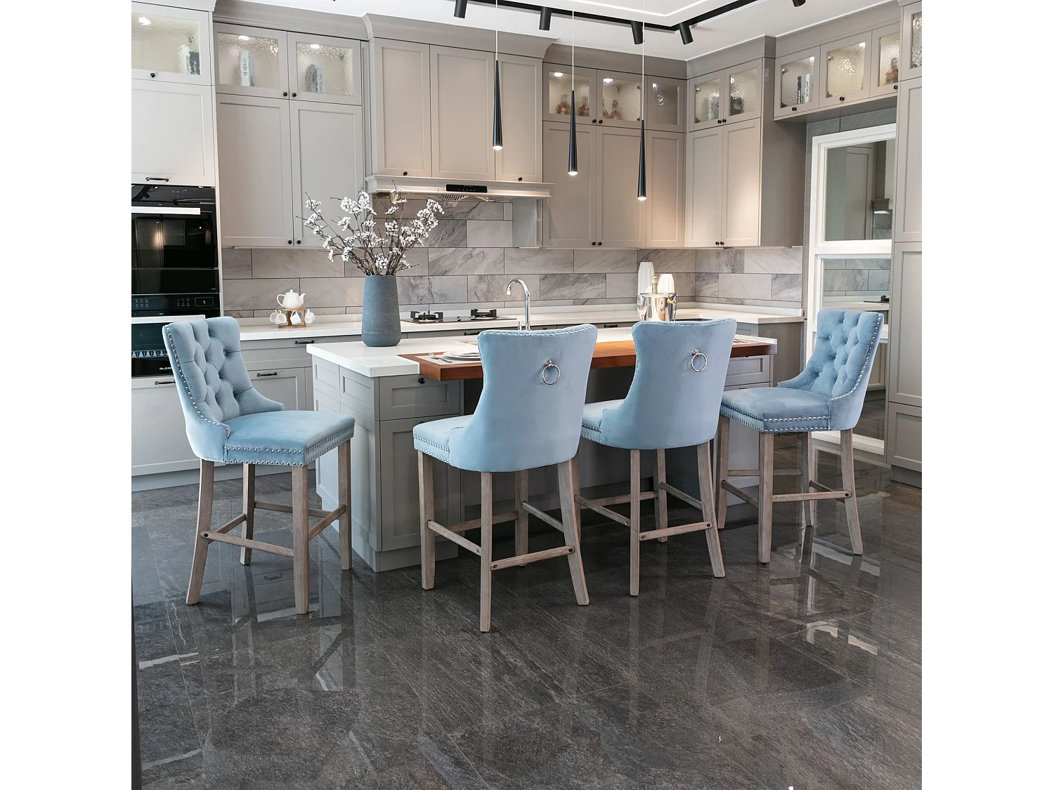 2er-Set Barhocker – Barhocker mit gepolsterter Rückenlehne und Knopfheftung – Hellblauer Samt