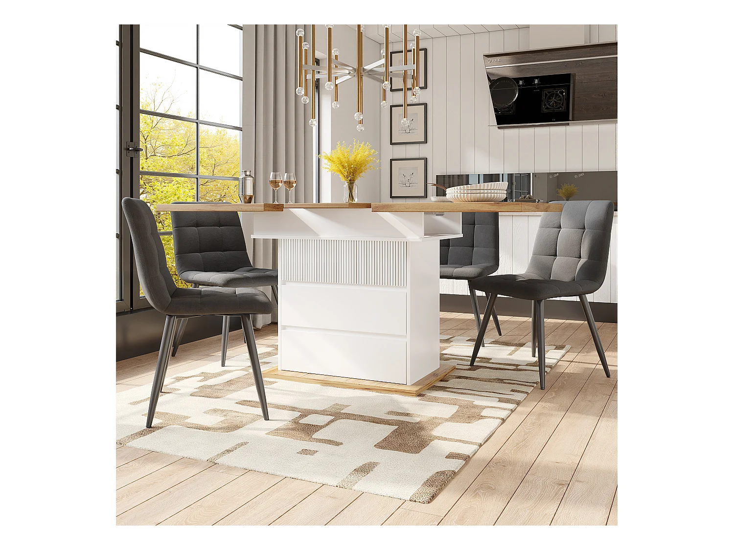 Table à manger extensible blanc - Table extensible avec deux tiroirs et une porte - pour la cuisine et le salon