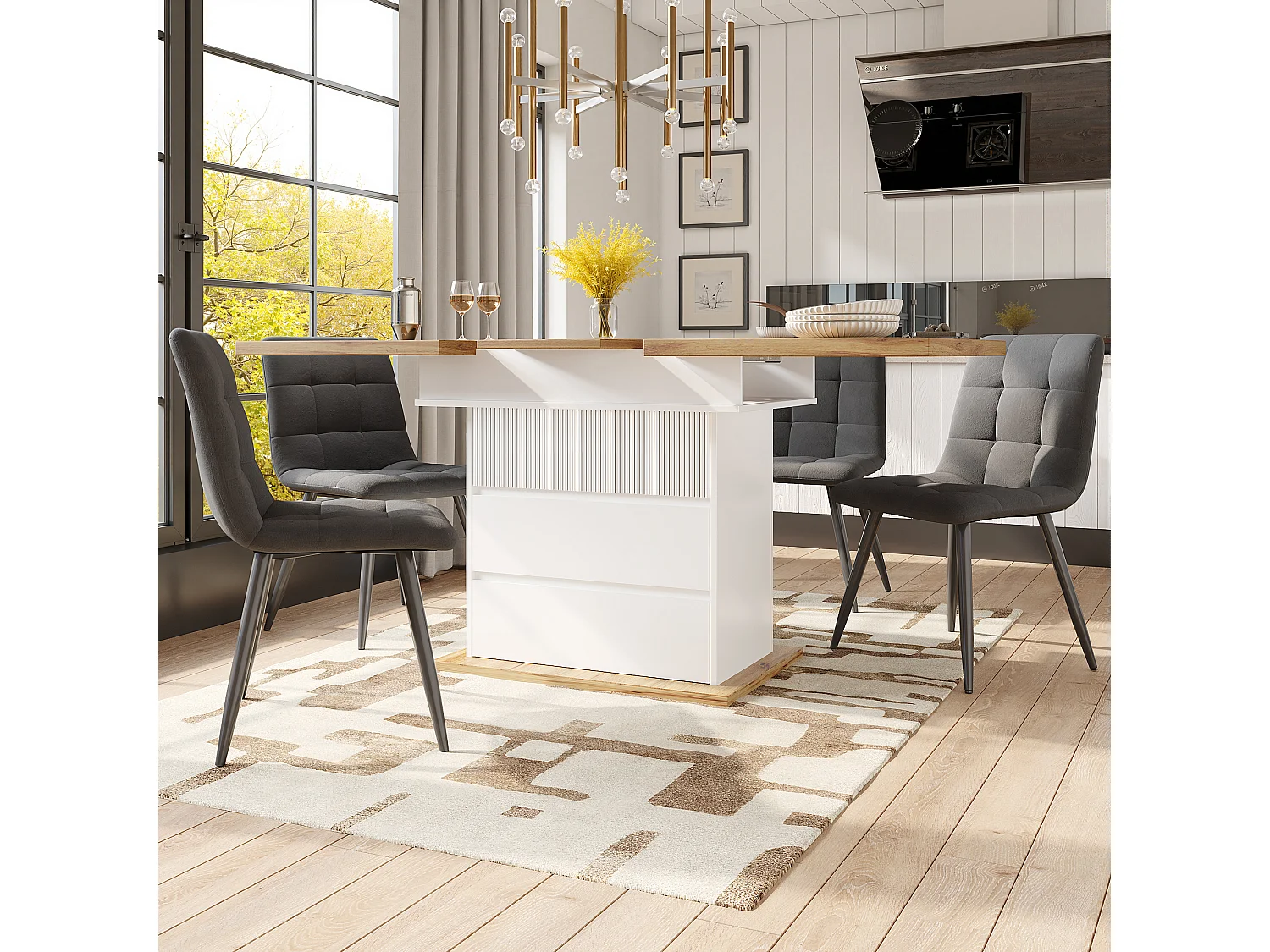 Table à manger extensible blanc - Table extensible avec deux tiroirs et une porte - pour la cuisine et le salon