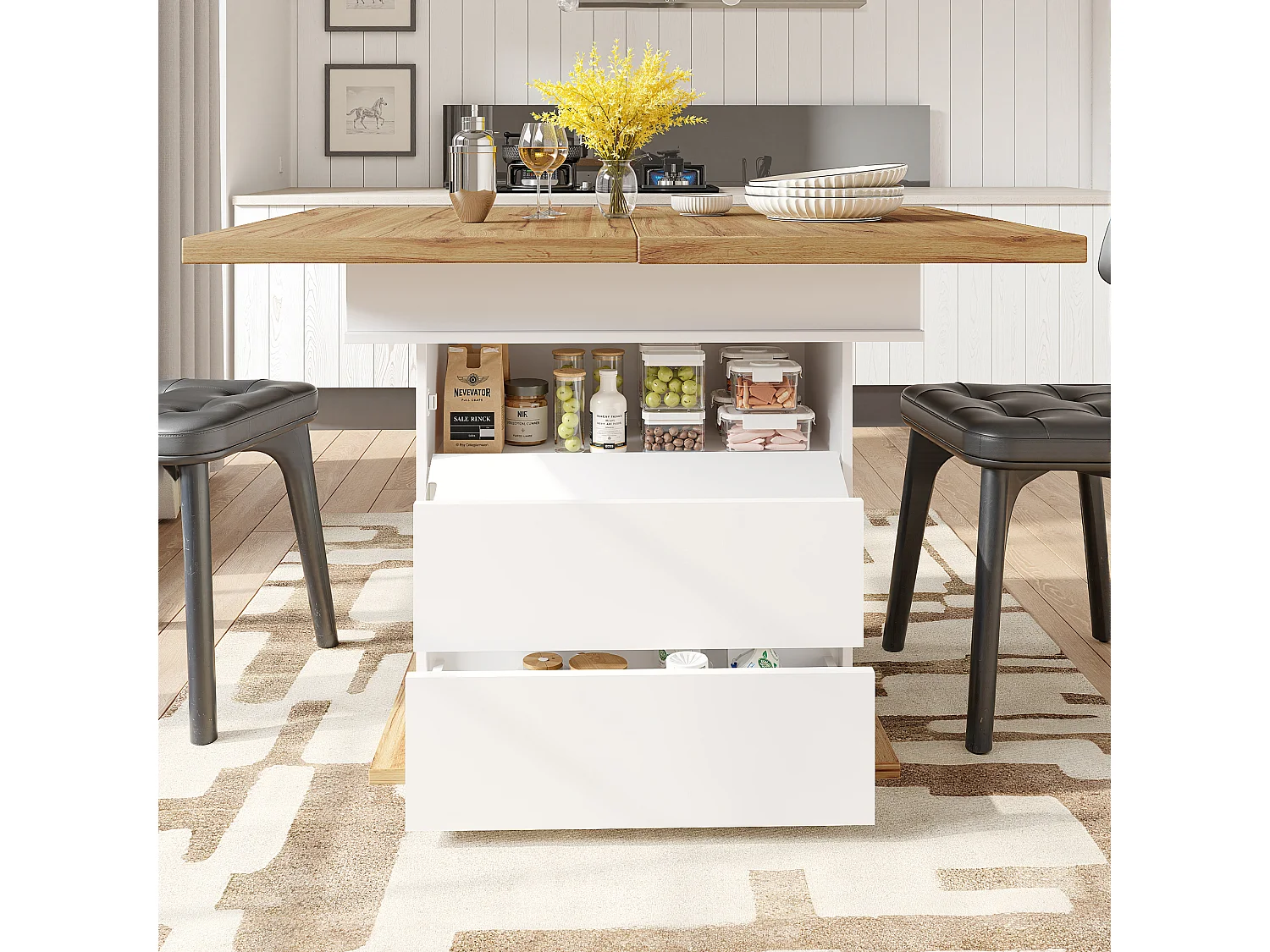 Table à manger extensible blanc - Table extensible avec deux tiroirs et une porte - pour la cuisine et le salon