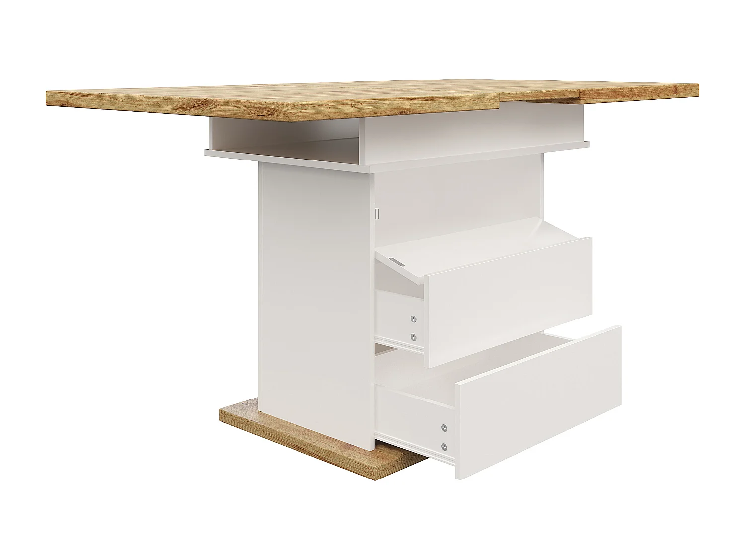 Table à manger extensible blanc - Table extensible avec deux tiroirs et une porte - pour la cuisine et le salon