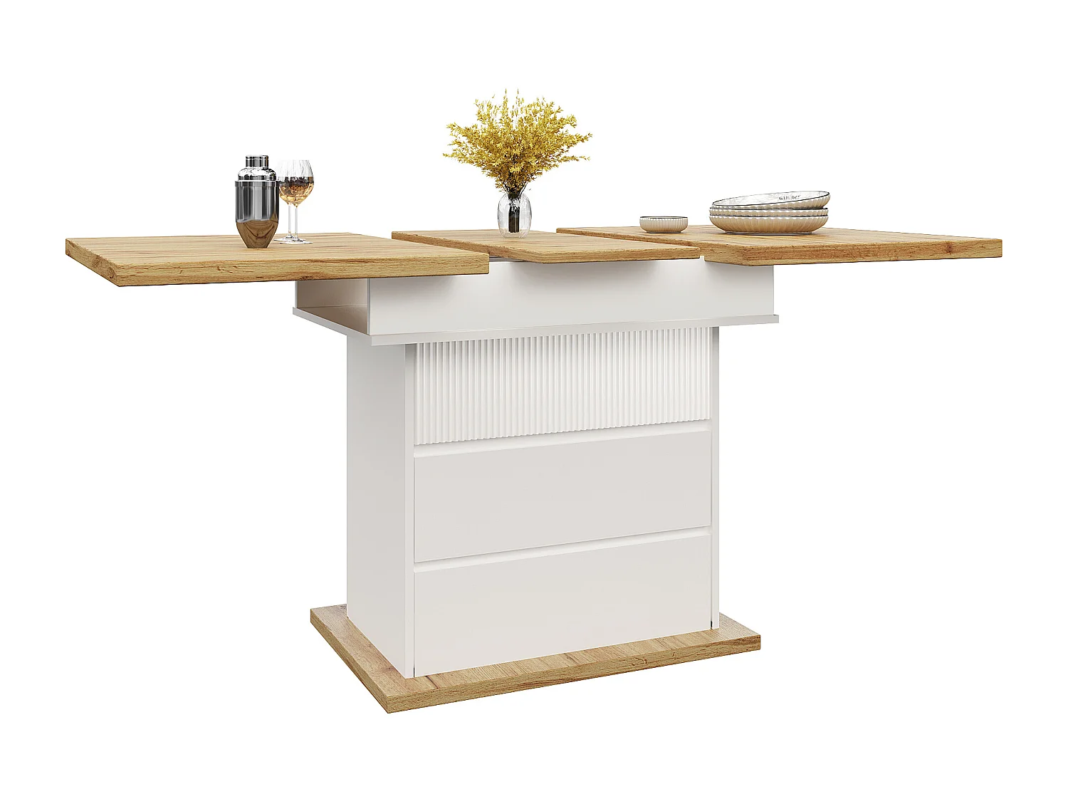 Table à manger extensible blanc - Table extensible avec deux tiroirs et une porte - pour la cuisine et le salon