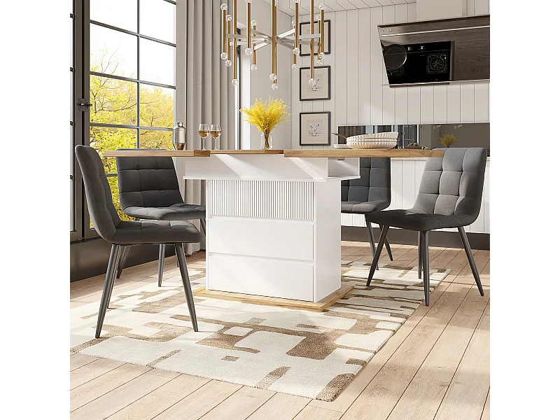 Table à manger extensible blanc - Table extensible avec deux tiroirs et une porte - pour la cuisine et le salon