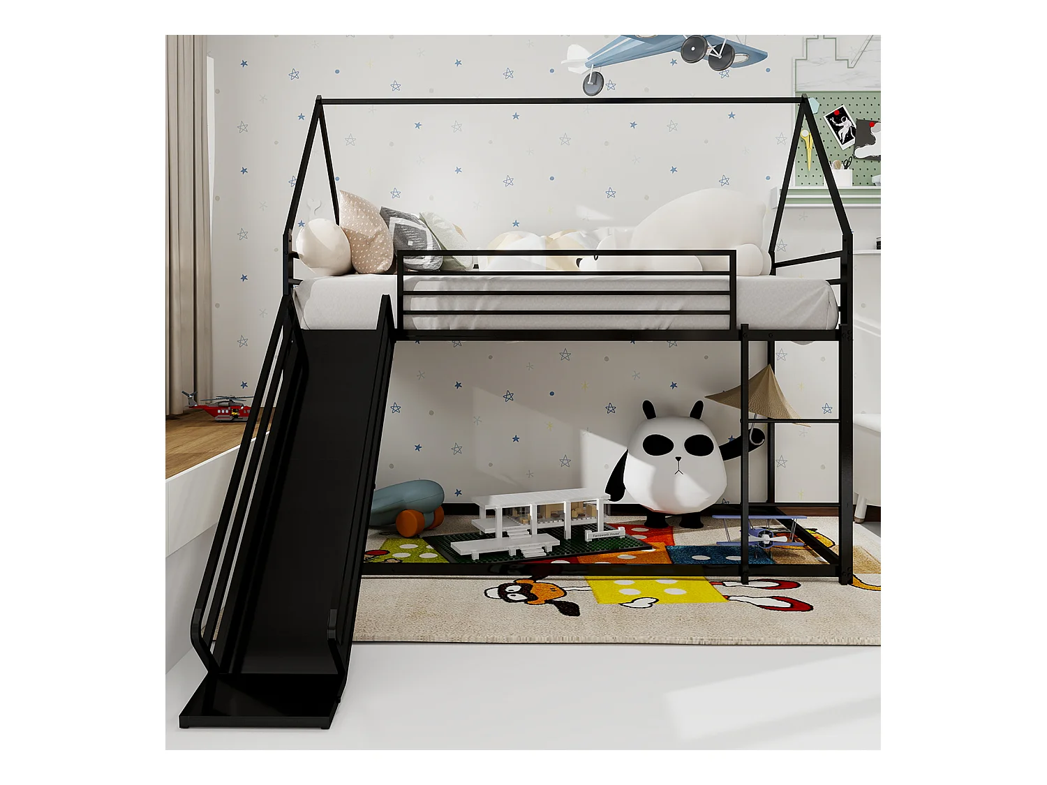 Lit superposé 90 x 190 cm - Lit enfant avec échelle et toboggan - métal noir - sans matelas