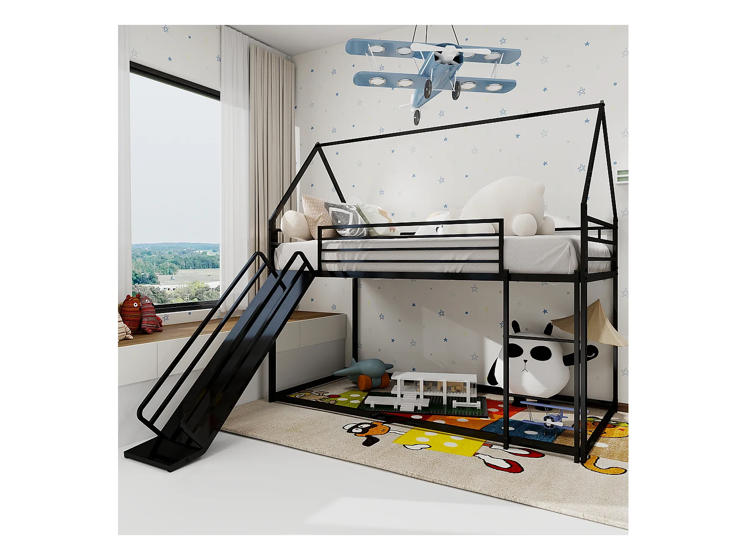 Lit superposé 90 x 190 cm - Lit enfant avec échelle et toboggan - métal noir - sans matelas