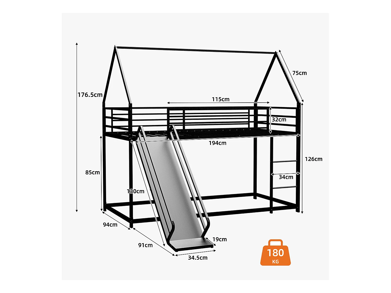 Lit superposé 90 x 190 cm - Lit enfant avec échelle et toboggan - métal noir - sans matelas