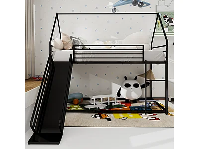 Lit superposé 90 x 190 cm - Lit enfant avec échelle et toboggan - métal noir - sans matelas