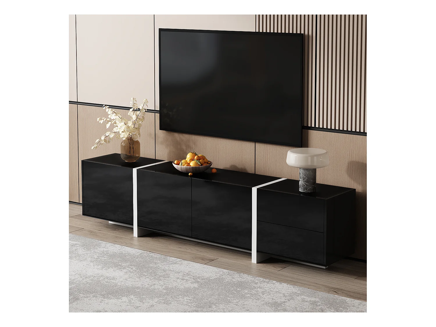 Meuble TV noir brillant - Meuble TV avec 1 tiroir et 4 portes - avec éclairage LED - pour salon