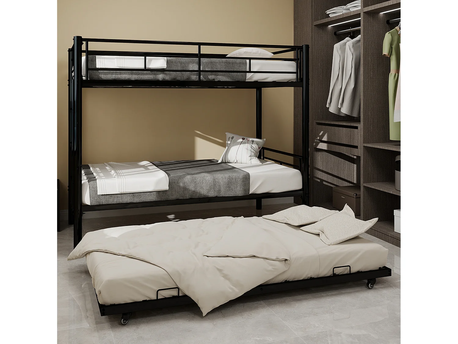 Stapelbed 2 x 90 x 190 cm - Kinderbed met ladder en leuningen - met een uitschuifbed 90 x 190 cm - zwart metaal - zonder matras