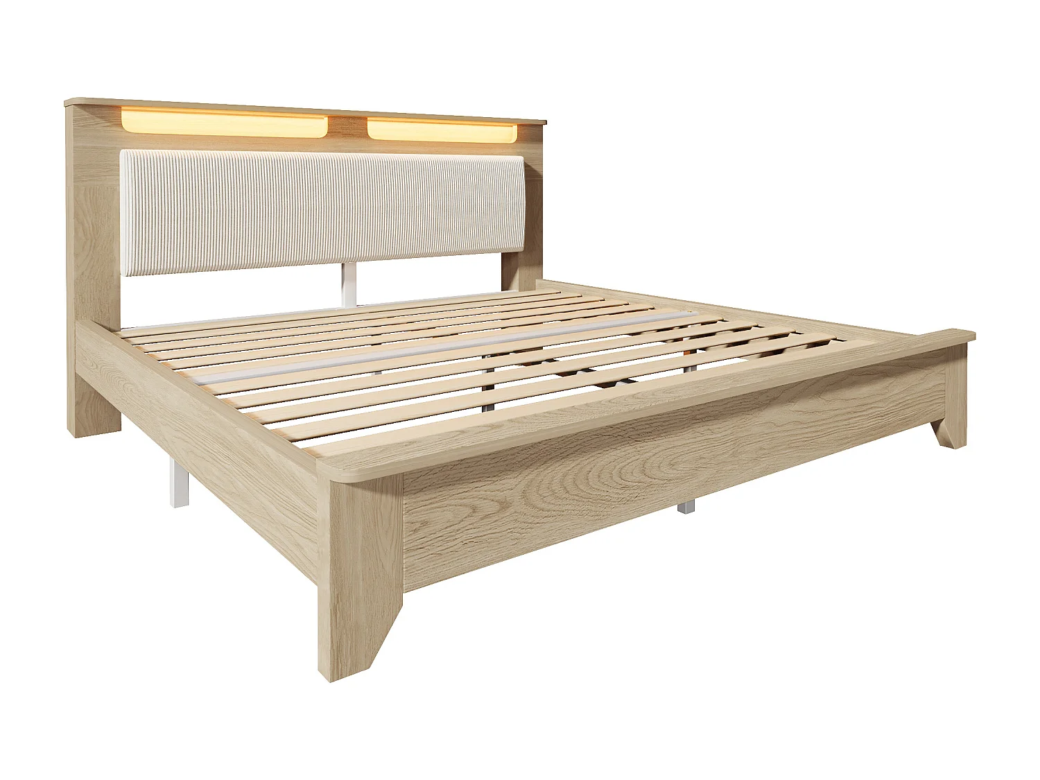 Volwassen bed 140 x 200 cm - Tweepersoonsbed met beige corduroy rugleuning en hoofdeinde met opbergruimte - licht eiken - matras niet inbegrepen