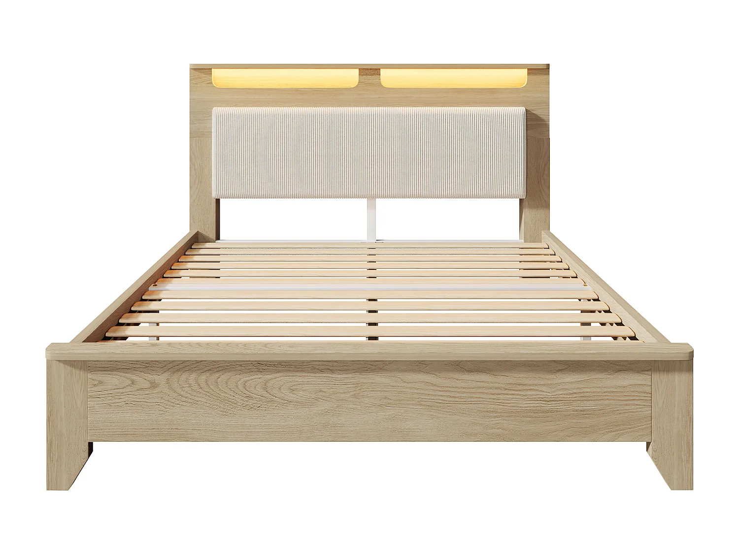 Volwassen bed 140 x 200 cm - Tweepersoonsbed met beige corduroy rugleuning en hoofdeinde met opbergruimte - licht eiken - matras niet inbegrepen
