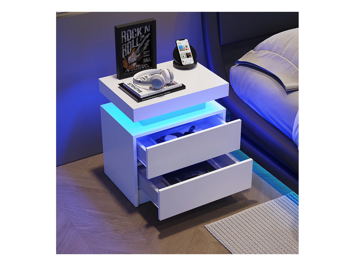 Table de chevet à 2 tiroirs - Table de chevet avec éclairage LED - blanc - pour chambre et salon