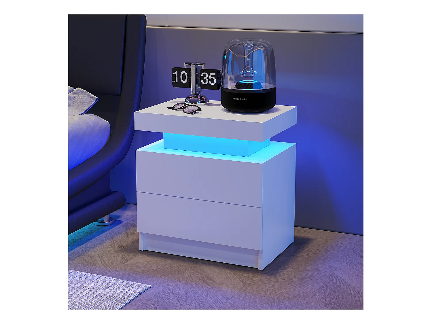 Table de chevet à 2 tiroirs - Table de chevet avec éclairage LED - blanc - pour chambre et salon