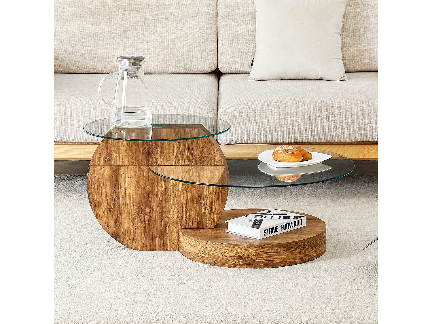 Table basse ronde moderne - Table basse avec plateau en verre et design multicouche - bois clair - pour salon