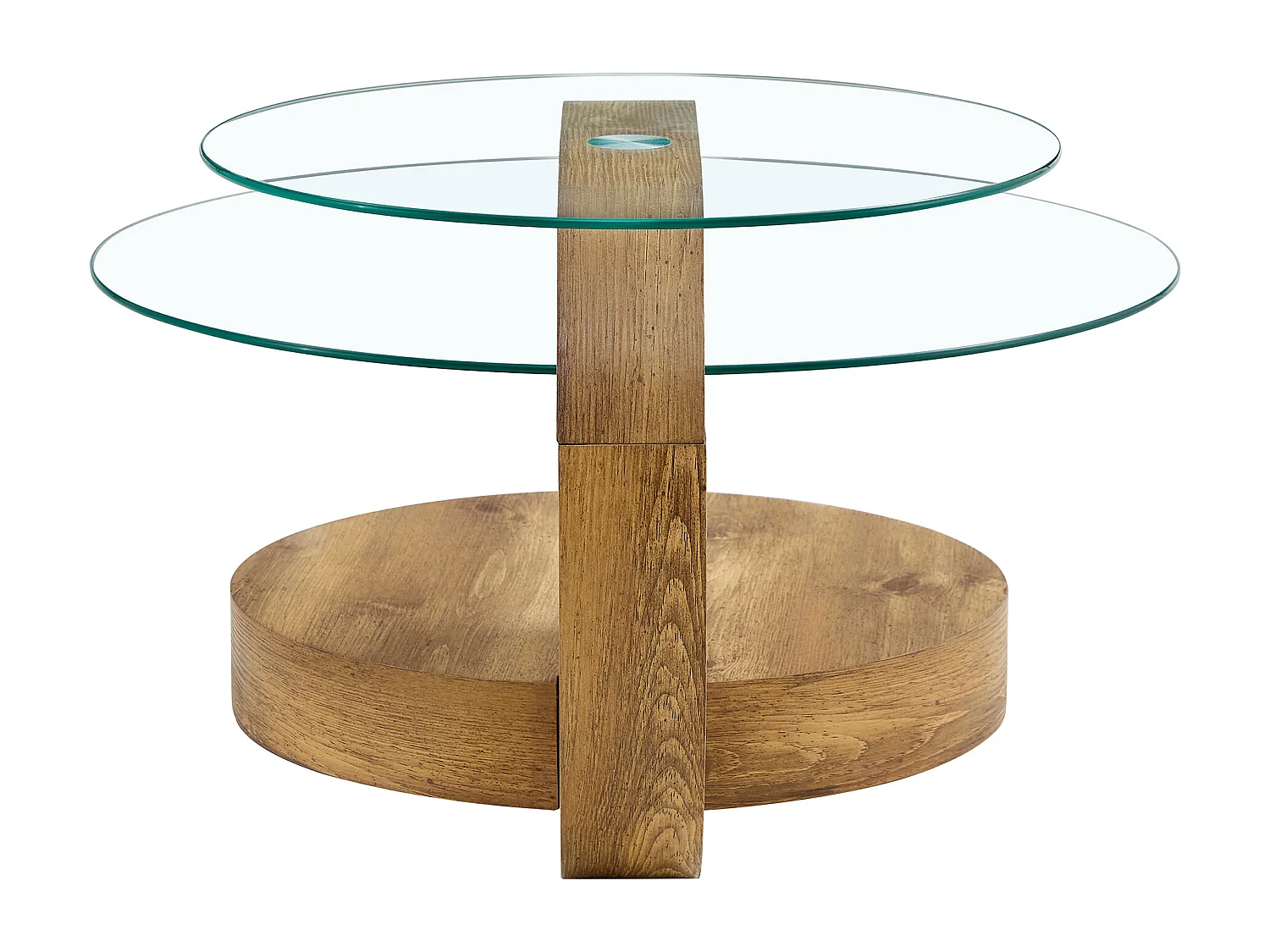 Table basse ronde moderne - Table basse avec plateau en verre et design multicouche - bois clair - pour salon