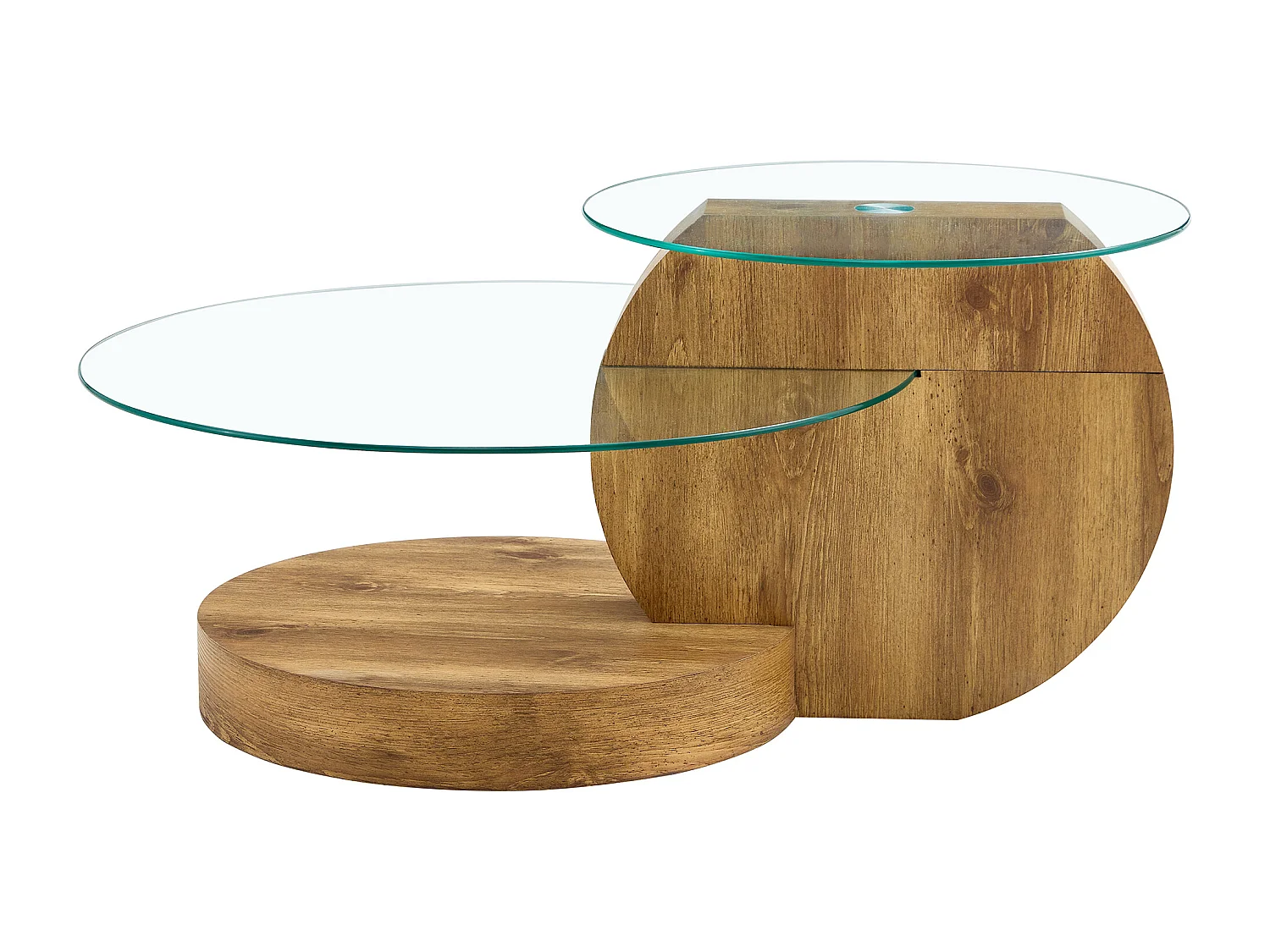 Table basse ronde moderne - Table basse avec plateau en verre et design multicouche - bois clair - pour salon