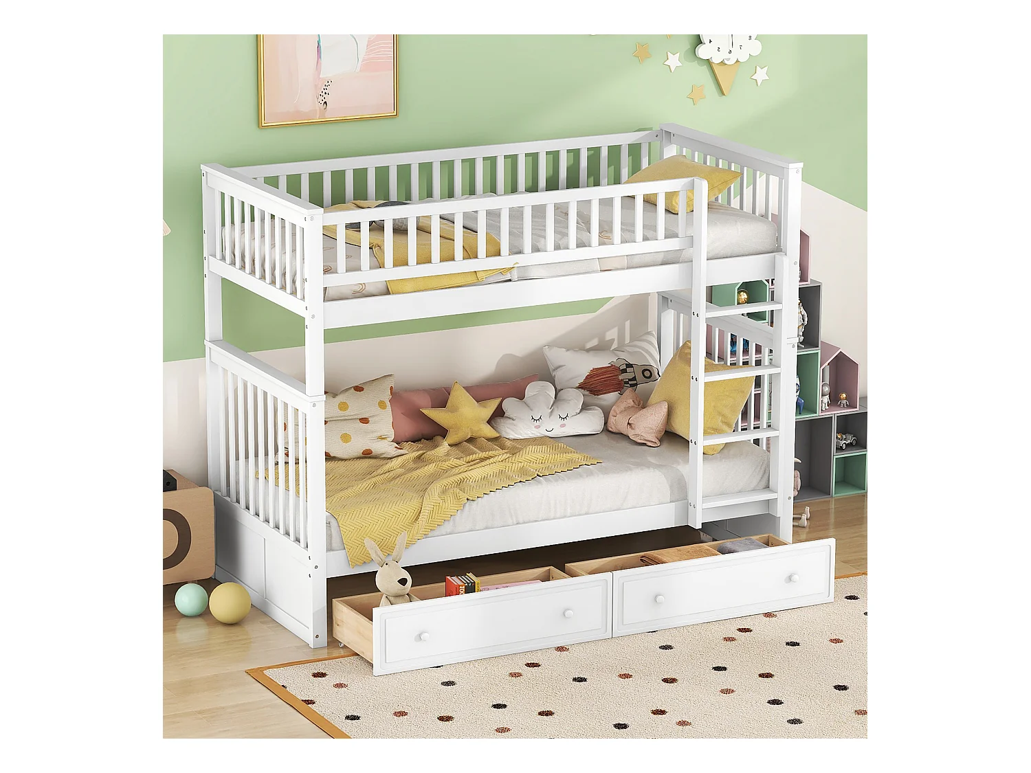 Lit superposé 90 x 200 cm - Lit enfant avec 2 tiroirs et échelle - bois blanc - sans matelas