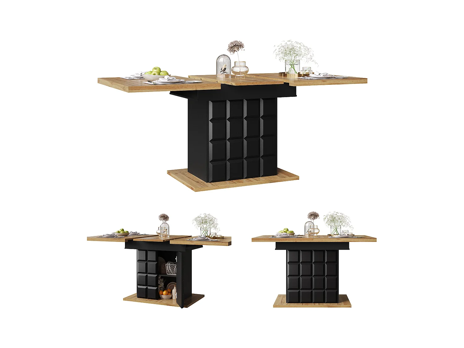 Table à manger extensible 2 portes - Table à manger pliable à carreaux - noire - pour la cuisine et le salon