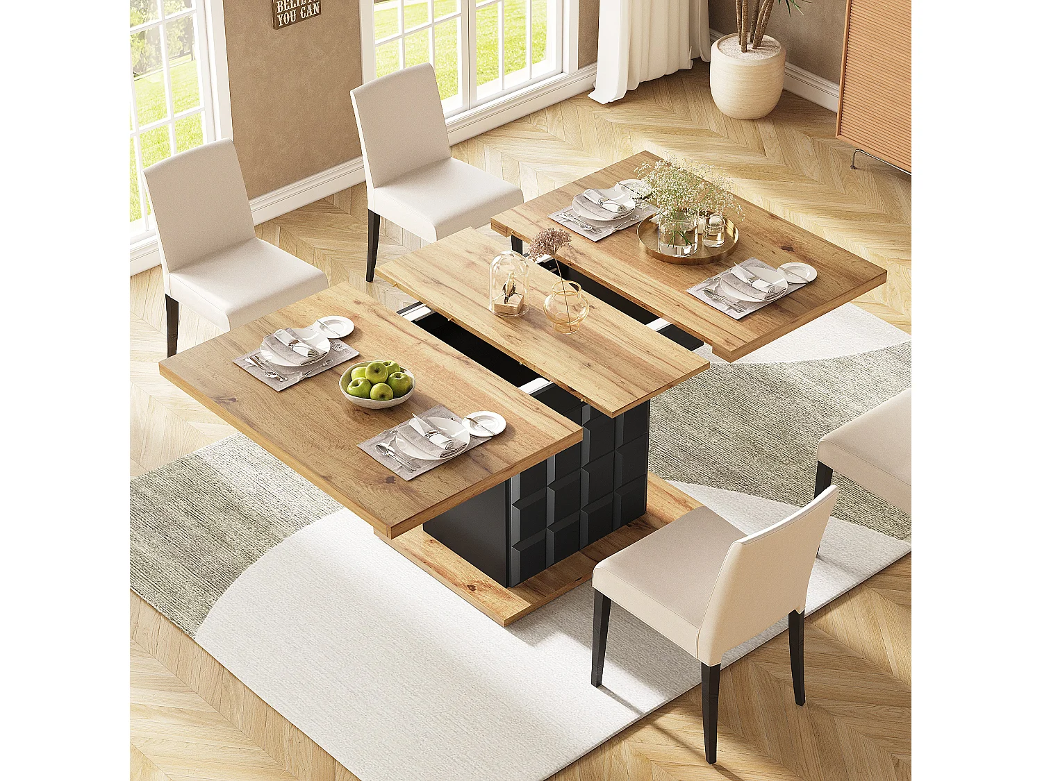 Table à manger extensible 2 portes - Table à manger pliable à carreaux - noire - pour la cuisine et le salon