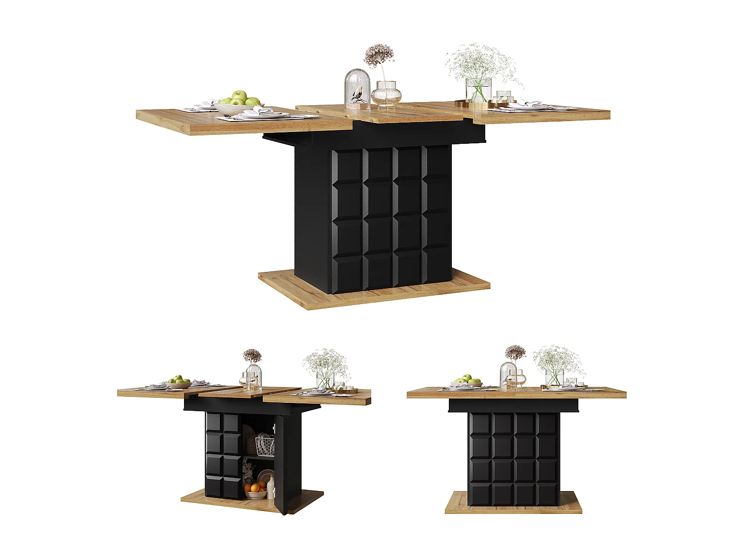 Table à manger extensible 2 portes - Table à manger pliable à carreaux - noire - pour la cuisine et le salon